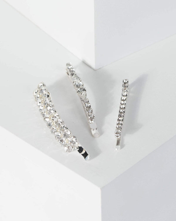 Silver 3 Pack Diamante Detail Hair Slides | Accessories
