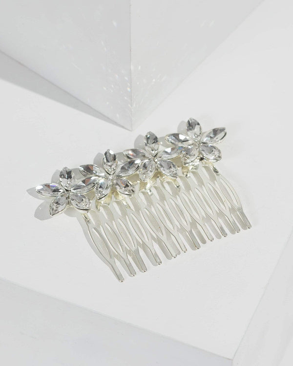 Silver 4 Crystal Flower Comb | Hair Accessories