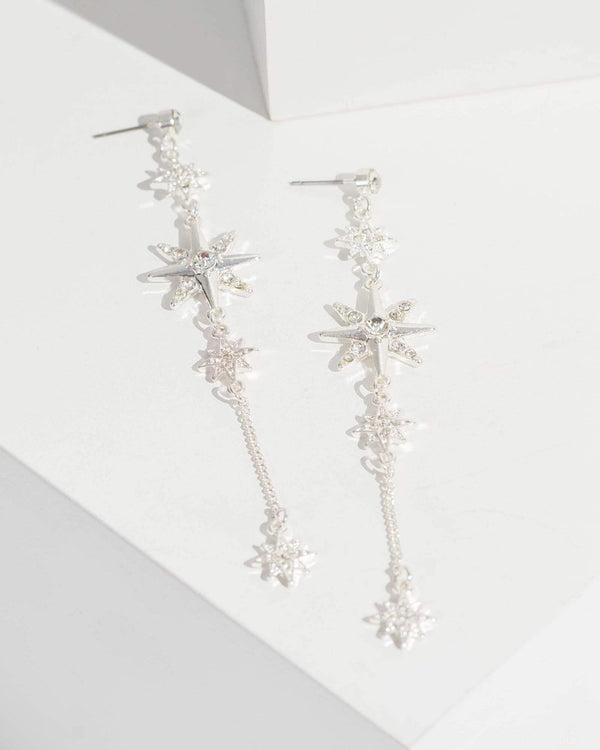 Silver 4 Star Fine Drop Earrings | Earrings