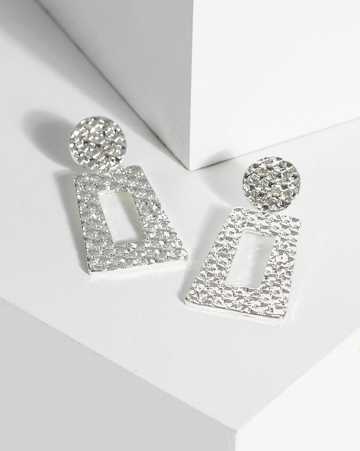 Silver 50Mm Textured Rectangle Drop Earrings | Earrings