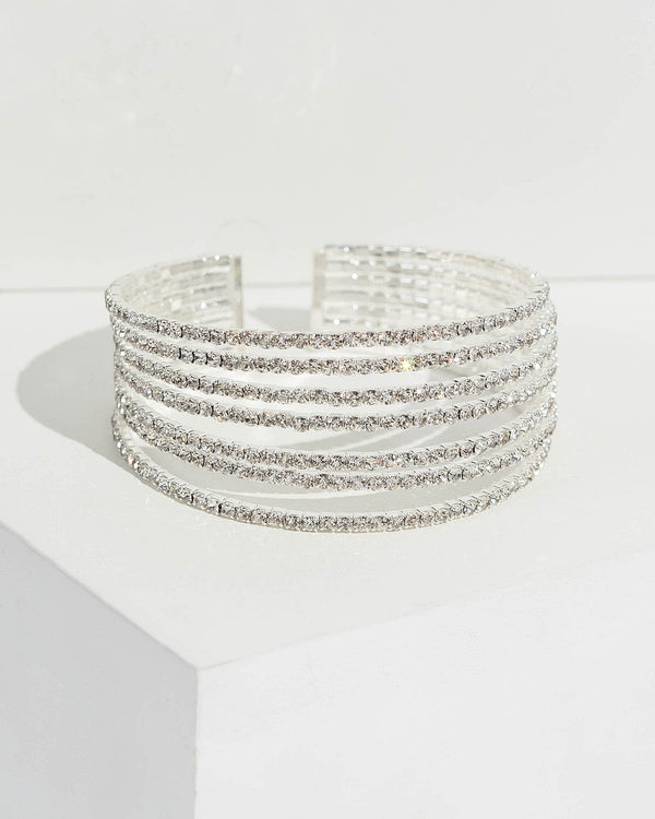 Silver 7 Row Diamante Flexi Bracelet | Wristwear