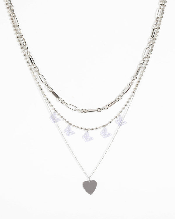 Silver Butterfly Heart 3 Layer Necklace | Necklaces