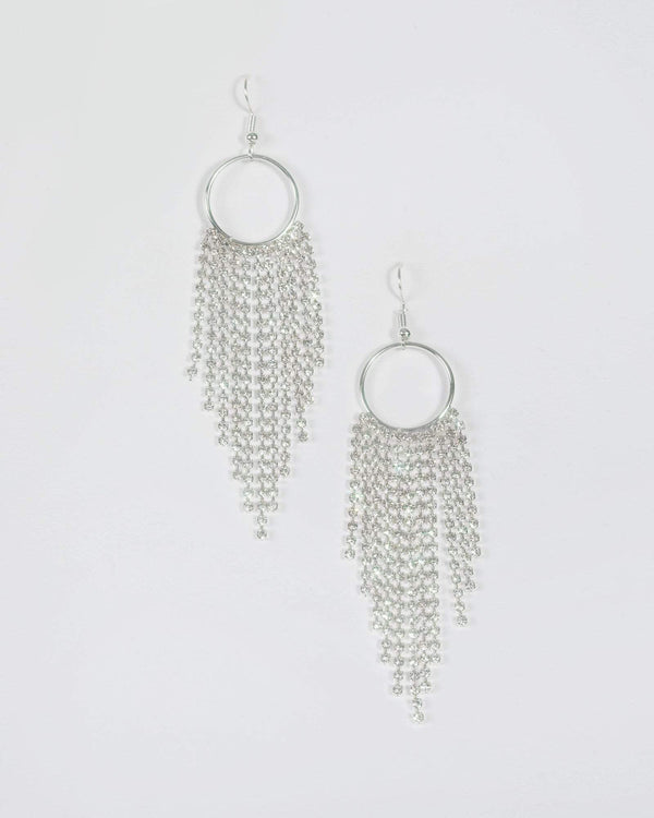 Silver Circle Diamante Tassel Earrings | Earrings