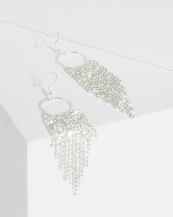 Silver Circle With Diamante Tassel Drop Earrings | Earrings