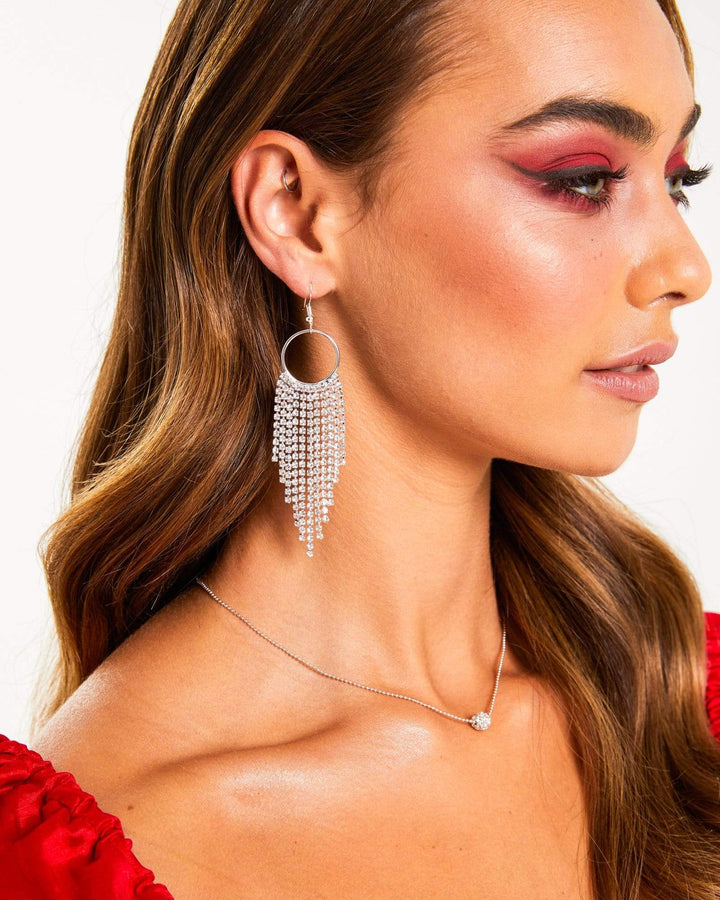 Silver Circle With Diamante Tassel Drop Earrings | Earrings