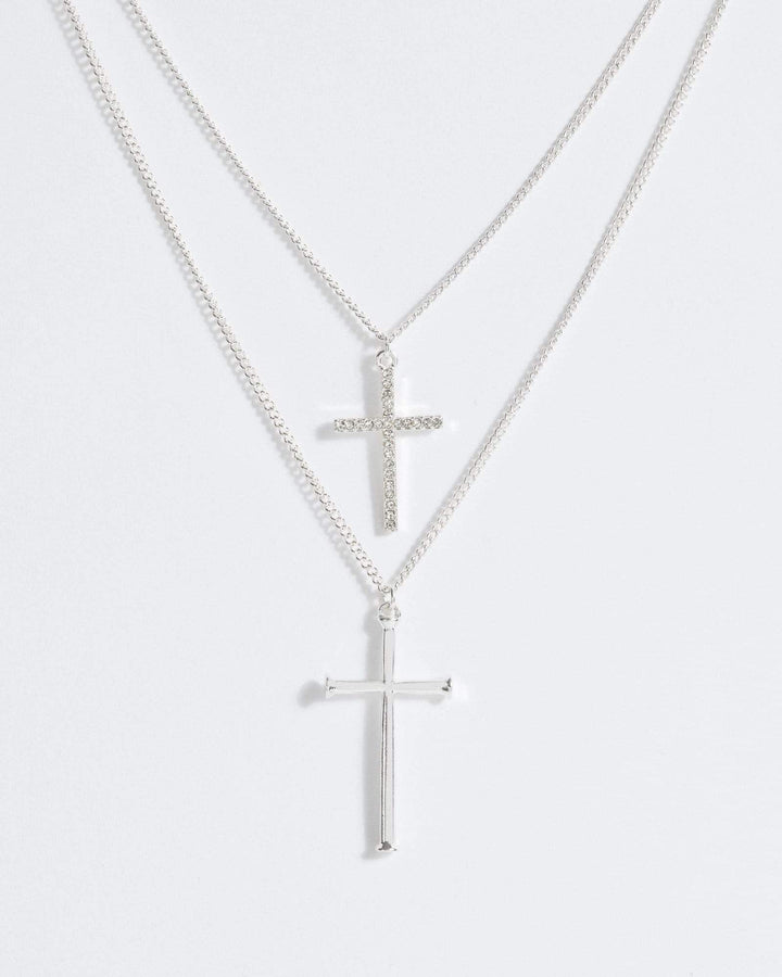 Silver Cross Double Chain Necklace | Necklaces