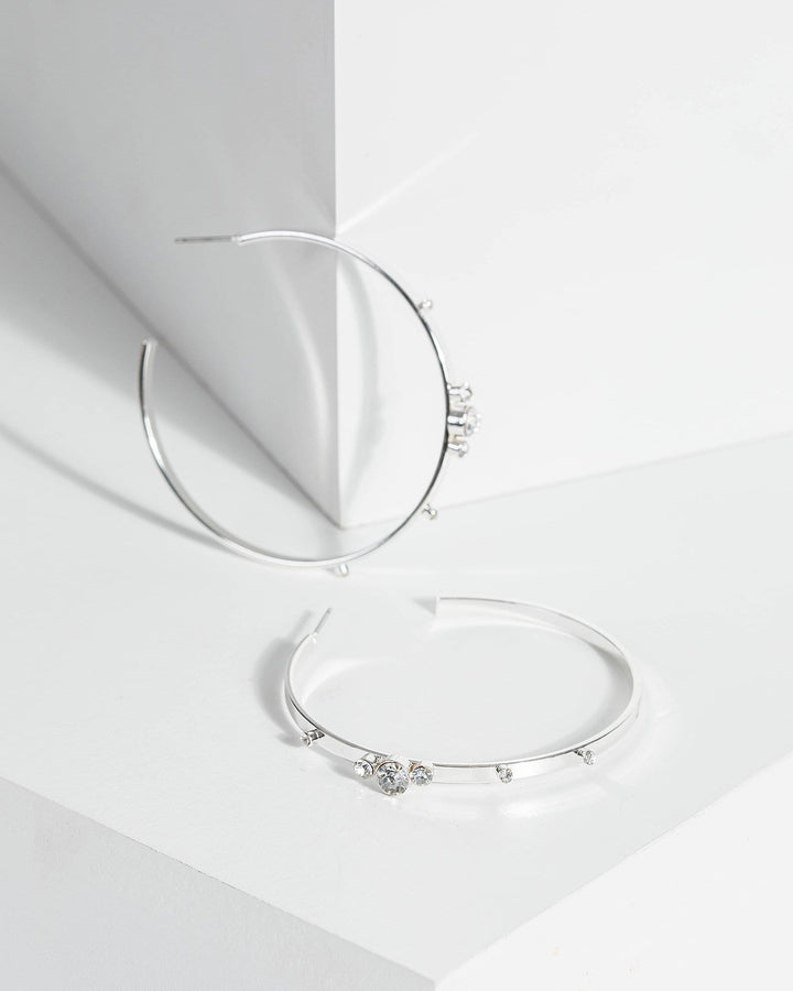 Silver Crystal Adorned Hoop Earrings | Earrings