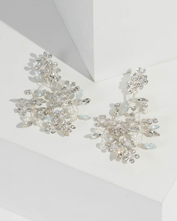 Silver Crystal And Pearl Vine Detail Earrings | Earrings