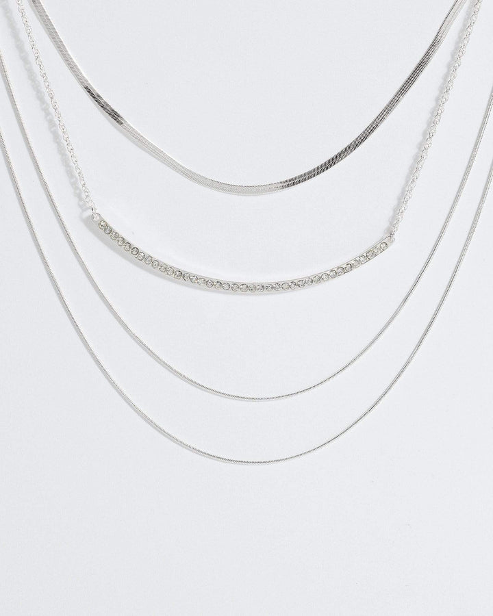 Silver Crystal Bar 4 Layer Necklace | Necklaces