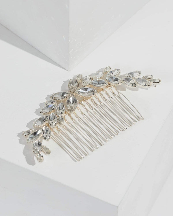 Silver Crystal Cluster Leaf Comb | Hair Accessories