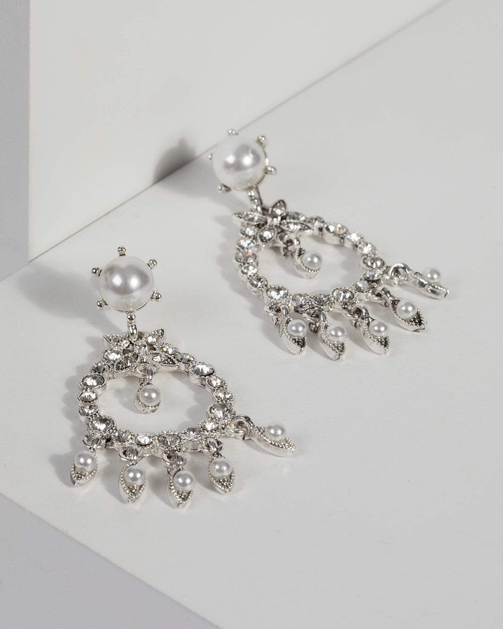 Silver Crystal Diamante Pearl Drop Earrings | Earrings