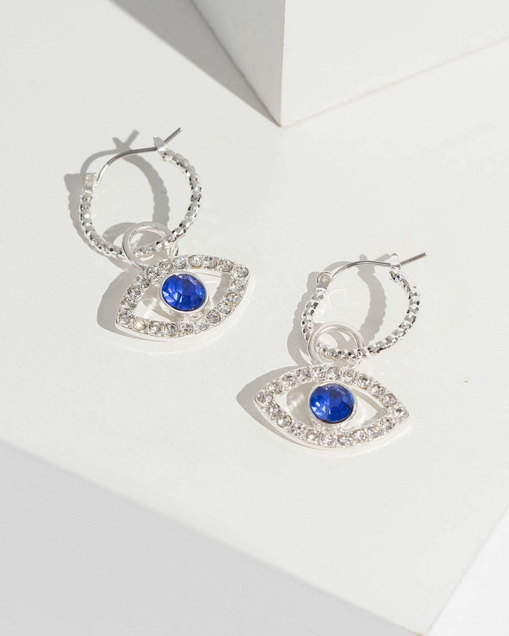 Silver Crystal Evil Eye Drop Hoop Earrings | Earrings