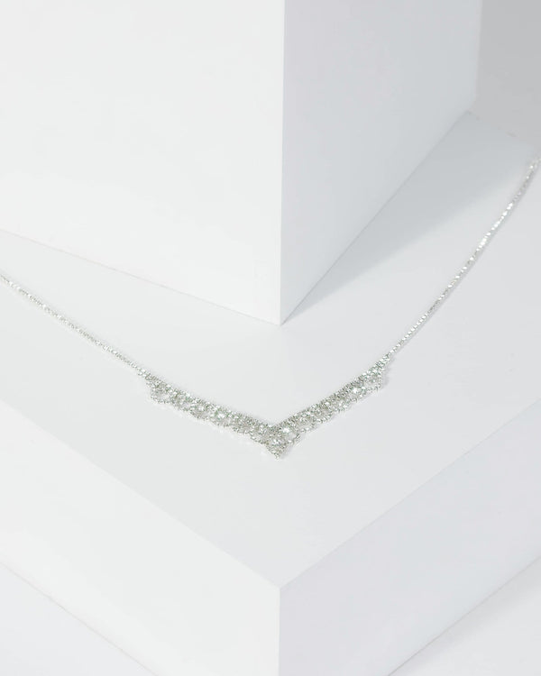Silver Crystal Fine V Necklace | Necklaces