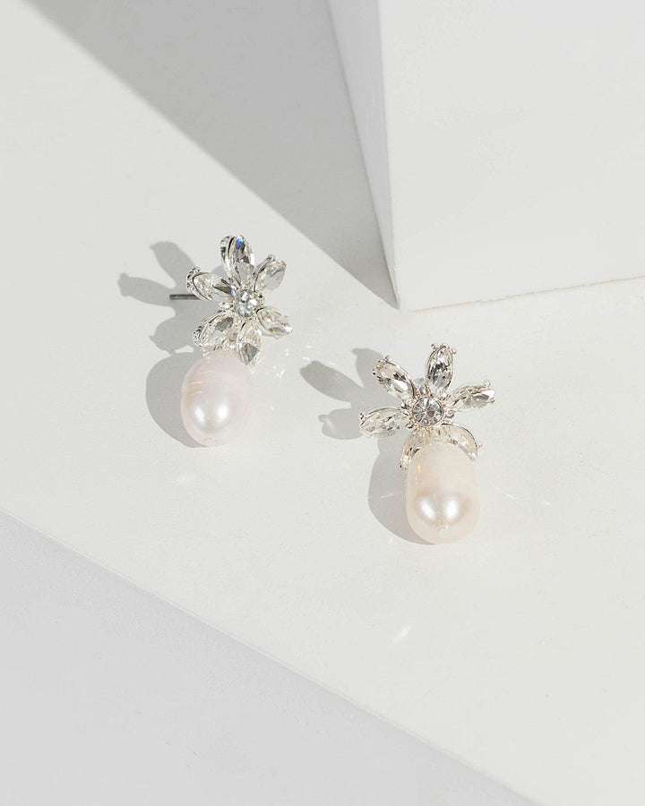 Silver Crystal Flower And Pearl Drop Earrings | Earrings