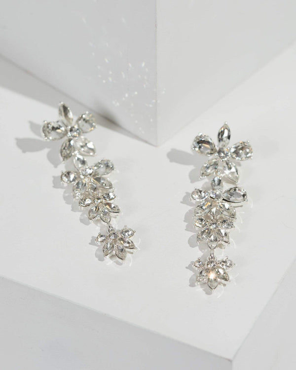 Silver Crystal Flower Drop Earrings | Earrings