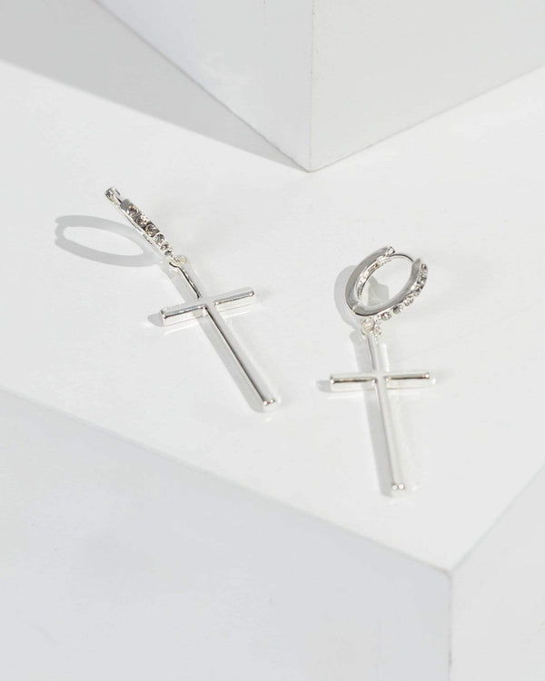 Silver Crystal Huggie Hoop Cross Earrings | Earrings