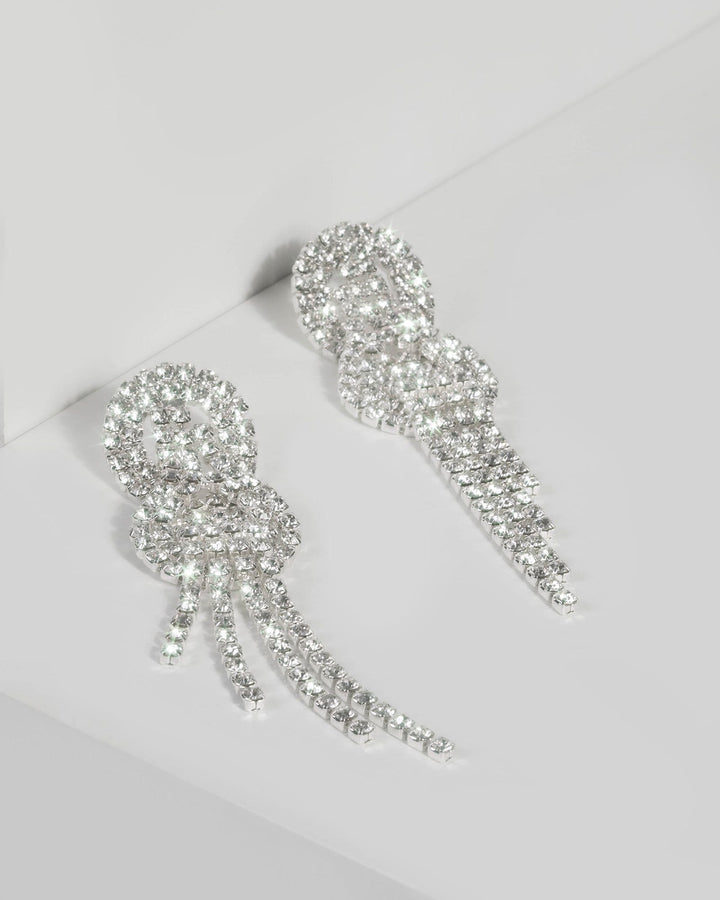 Silver Crystal Knotted Drop Earrings | Earrings