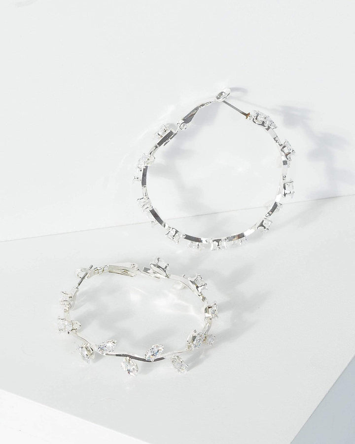 Silver Crystal Leaf Detail Hoop Earrings | Earrings