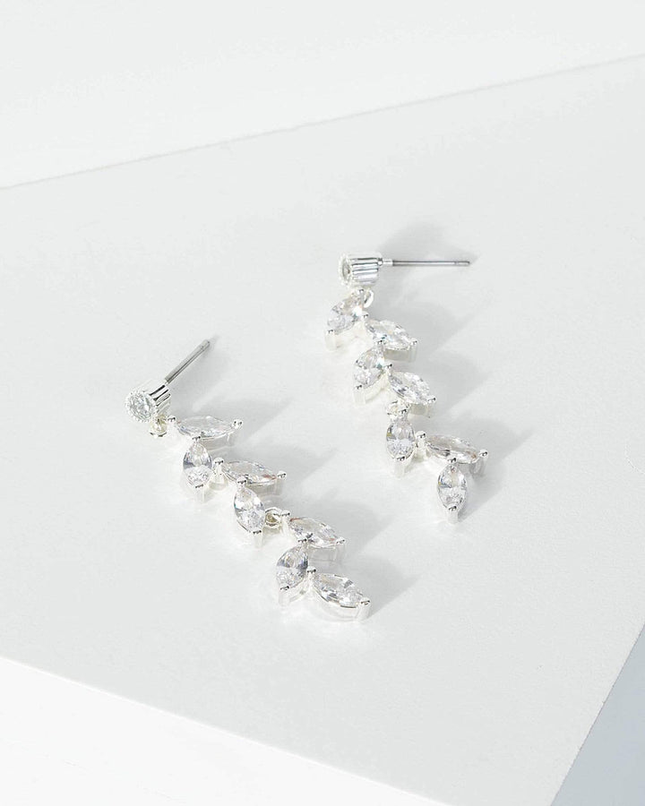 Silver Crystal Leaf Drop Earrings | Earrings
