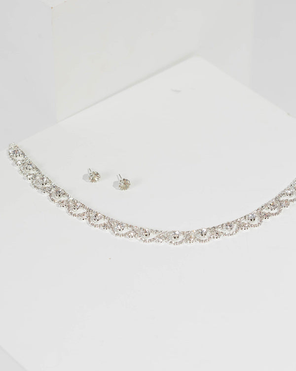 Silver Crystal Loops Necklace And Earrings Set | Necklaces