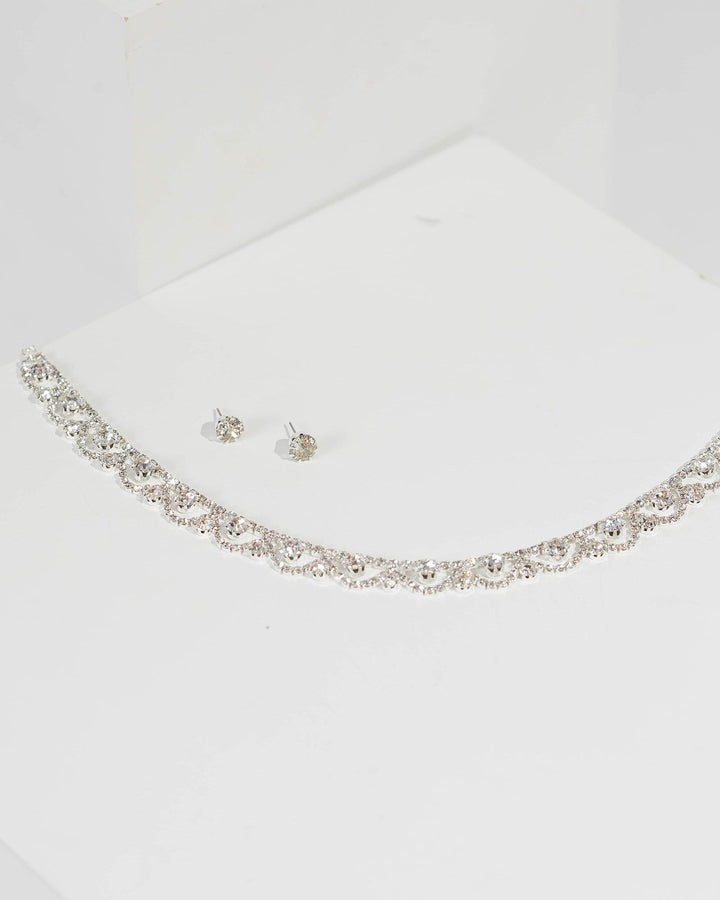 Silver Crystal Loops Necklace And Earrings Set | Necklaces