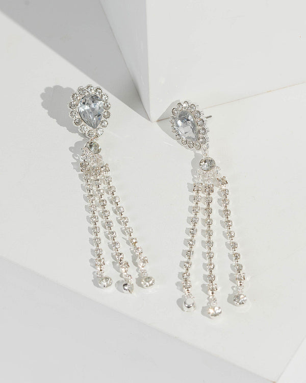 Silver Crystal Multi Tassel Detail Drop Earrings | Earrings