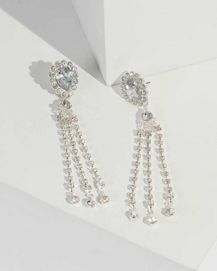 Silver Crystal Multi Tassel Detail Drop Earrings | Earrings