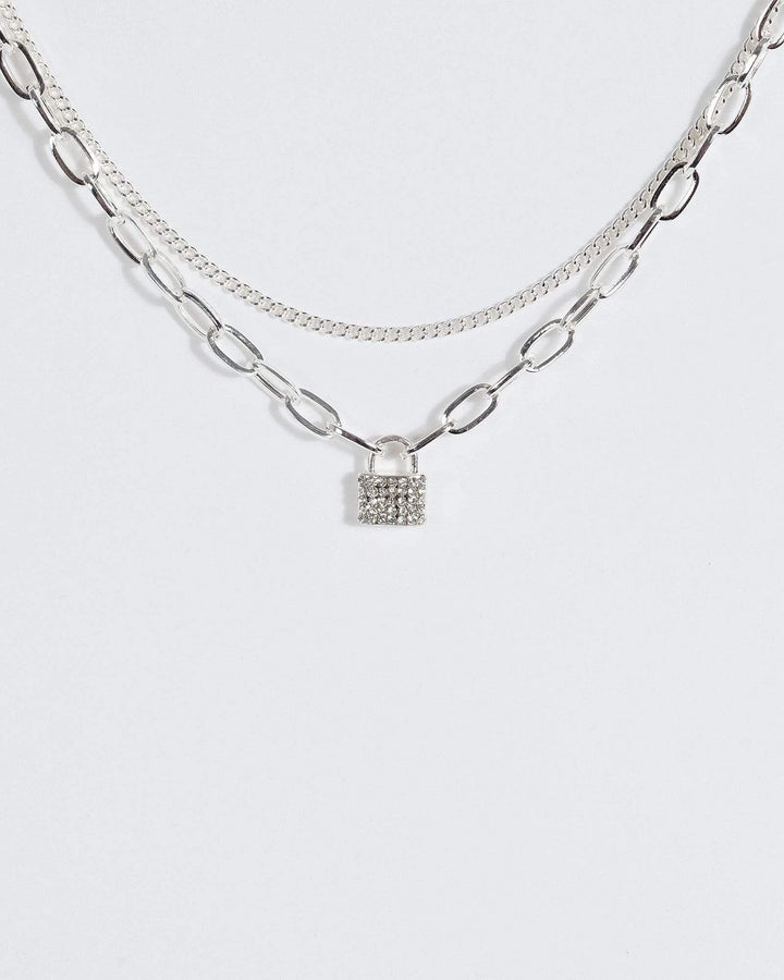 Silver Crystal Padlock 2 Layer Necklace | Necklaces
