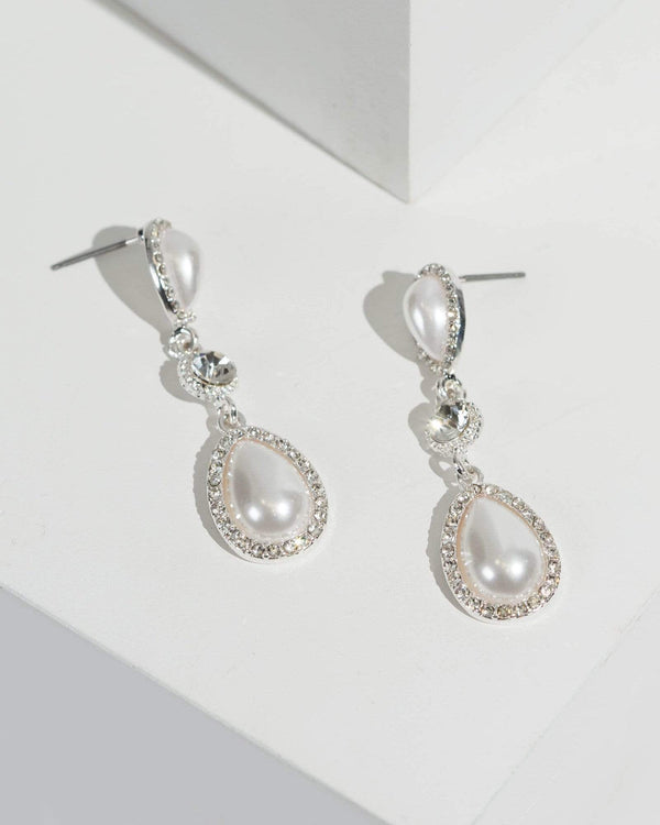 Silver Crystal Pearl Drop Earrings | Earrings