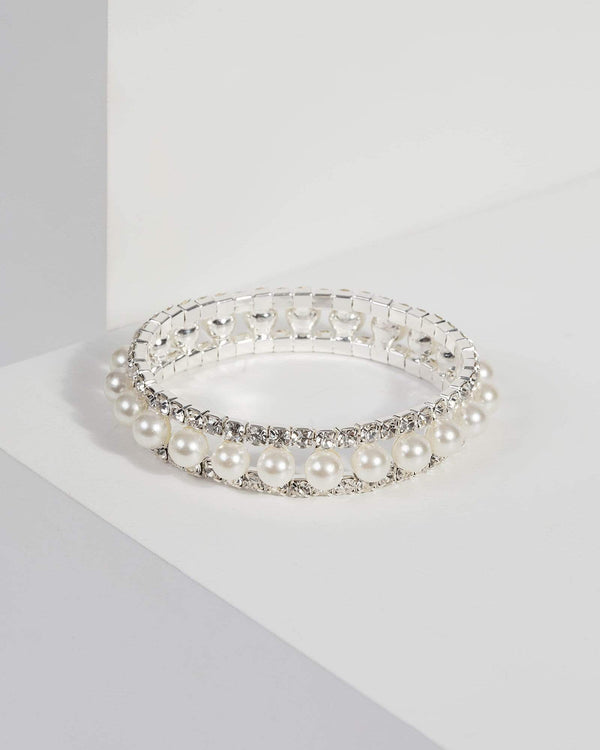 Silver Crystal Pearl Stretch Bracelet | Wristwear