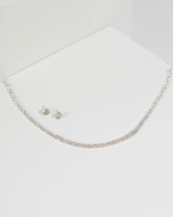 Silver Crystal Round Necklace Earrings Set | Necklaces