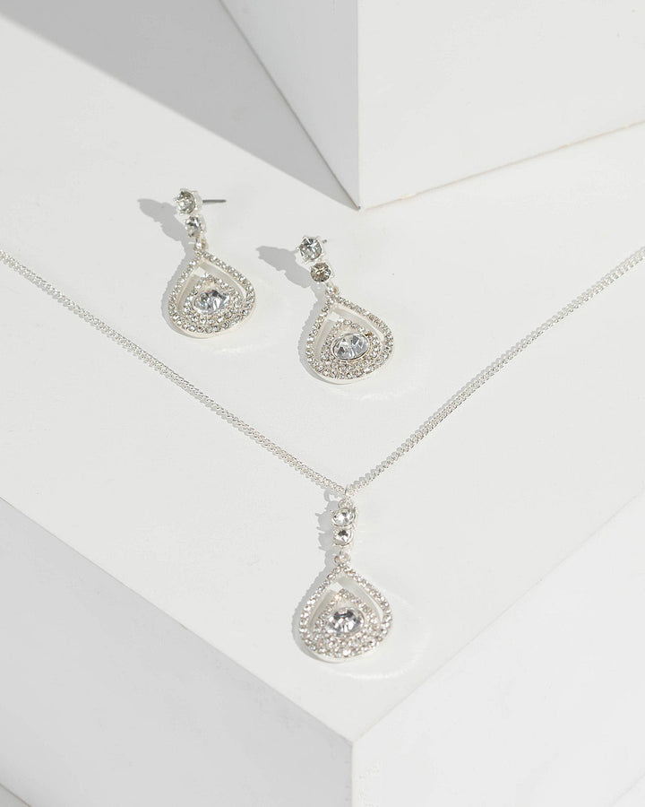 Silver Crystal Teardrop Earring And Necklace Set | Necklaces