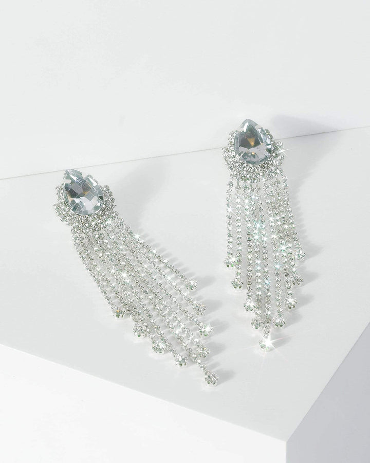 Silver Crystal Teardrop Long Diamante Tassel Earrings | Earrings