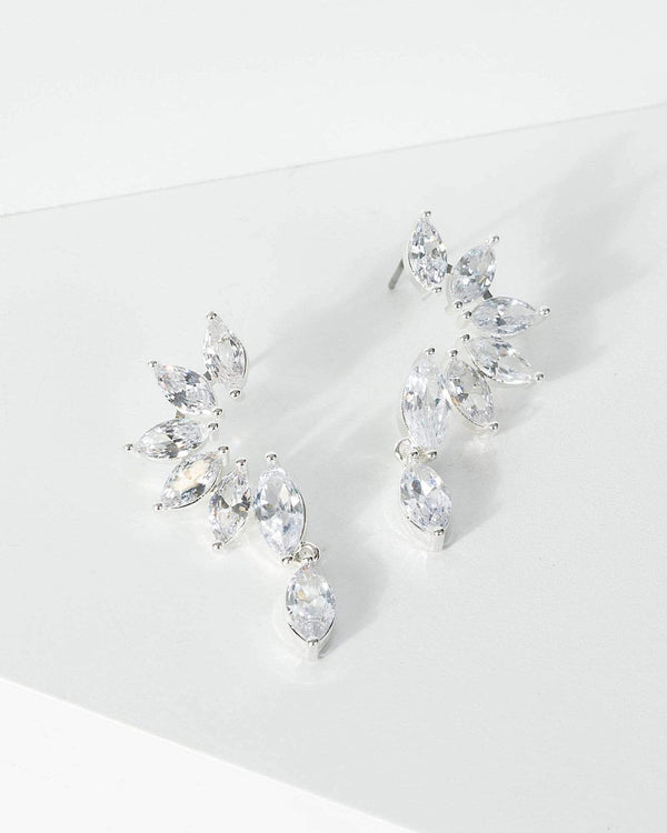 Silver Cubic Zirconia Curled Leaf Drop Earrings | Earrings