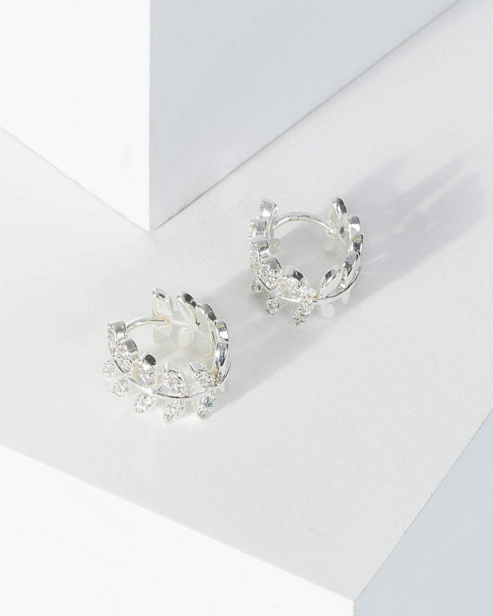 Silver Cubic Zirconia Diamante Leaf Half Hoop Earrings | Earrings