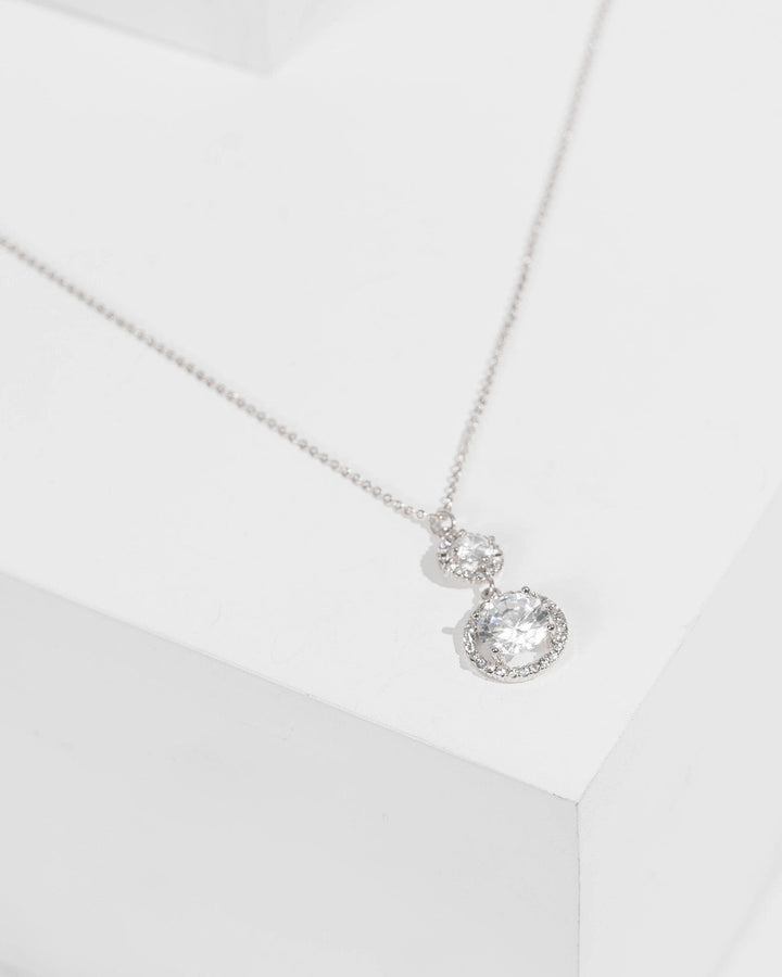 Silver Cubic Zirconia Double Round Pendant Necklace | Necklaces