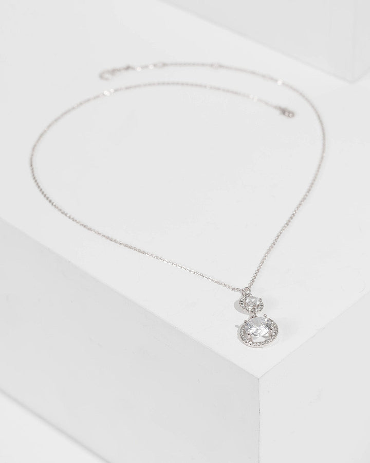 Silver Cubic Zirconia Double Round Pendant Necklace | Necklaces