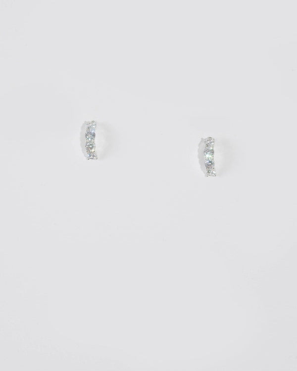 Silver Cubic Zirconia Half Hoop Earrings | Earrings