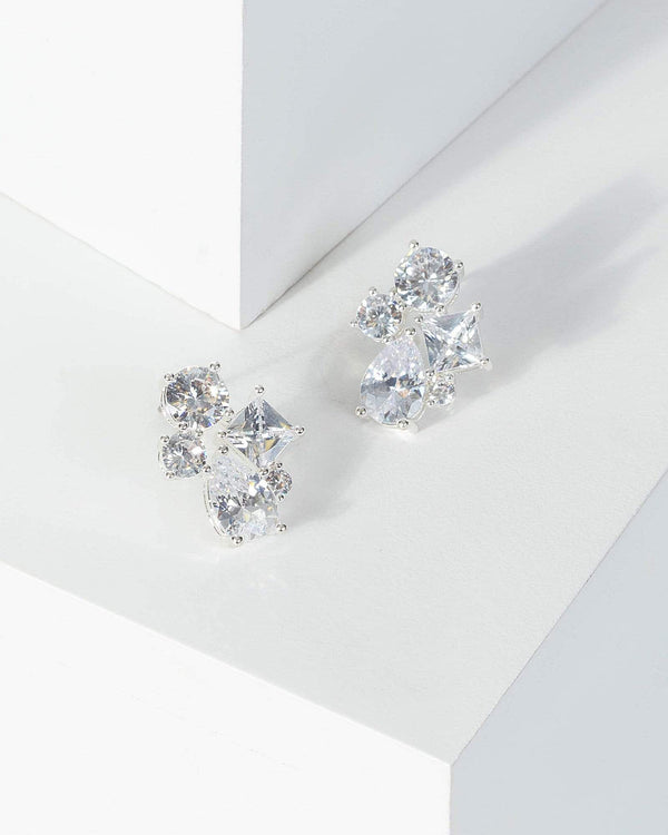 Silver Cubic Zirconia Multi Shapes Crystal Stud Earrings | Earrings