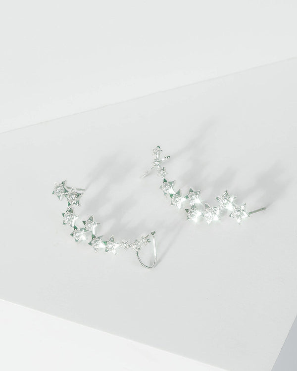 Silver Cubic Zirconia Multi Star Crystal Cuff Earrings | Earrings