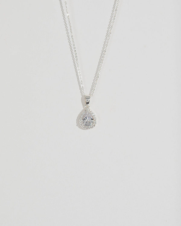 Silver Cubic Zirconia Pear Pendant Necklace | Necklaces