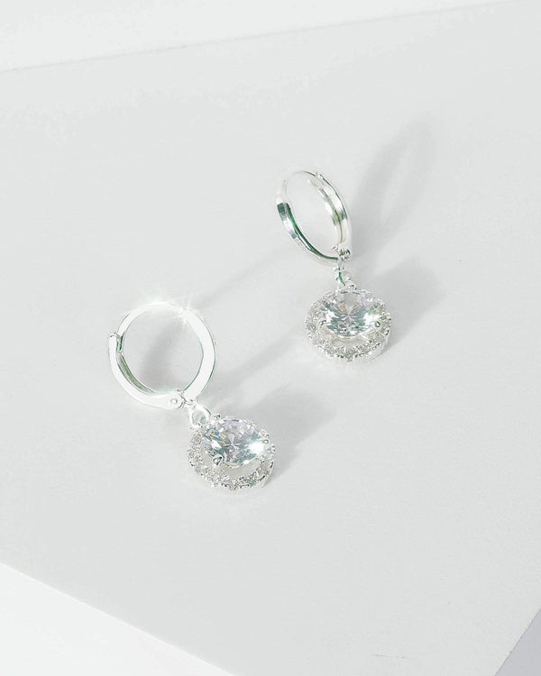 Silver Cubic Zirconia Round Detail Drop Hoop Earrings | Earrings