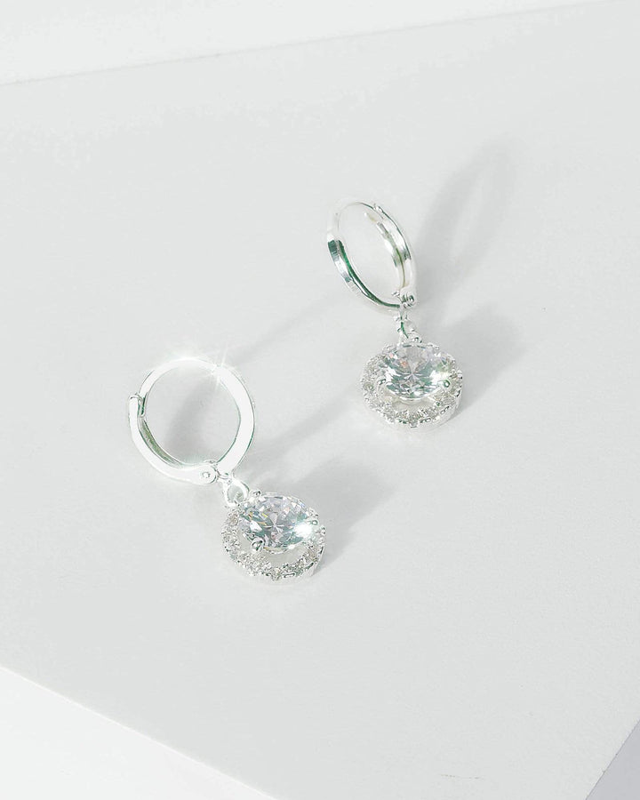 Silver Cubic Zirconia Round Detail Drop Hoop Earrings | Earrings