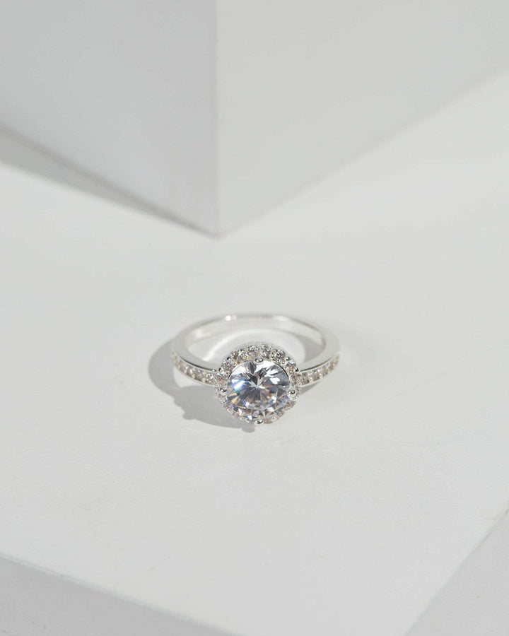 Silver Cubic Zirconia Round Pave Halo Ring | Rings