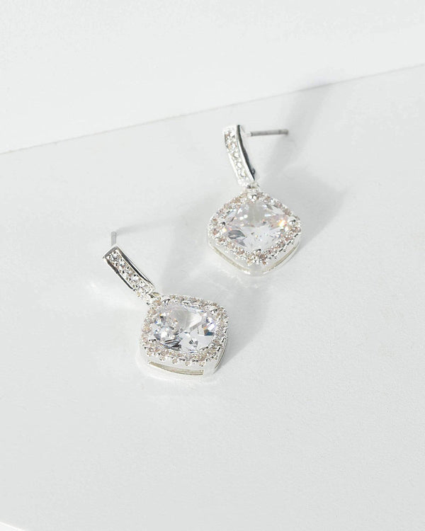 Silver Cubic Zirconia Rounded Square Drop Earrings | Earrings