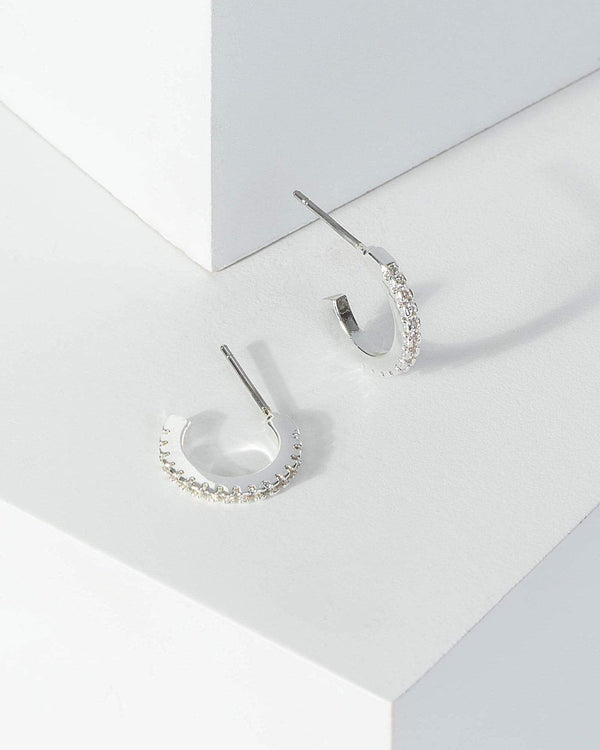 Silver Cubic Zirconia Thin Half Hoop Earrings | Earrings