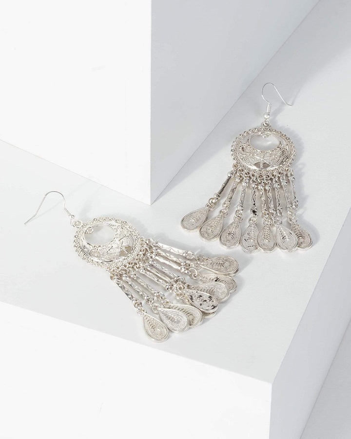 Silver Dangle Tassel Metal Antique Statement Earrings | Earrings