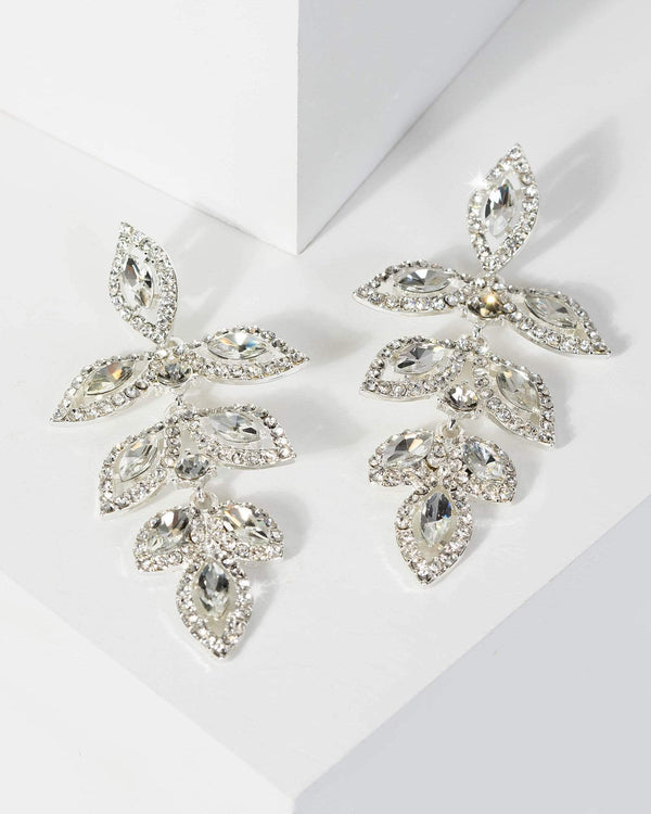 Silver Detailed Diamante Leaf Drop Earrings | Earrings