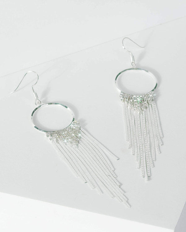 Silver Diamante And Chain Tassel Detail Earrings | Earrings