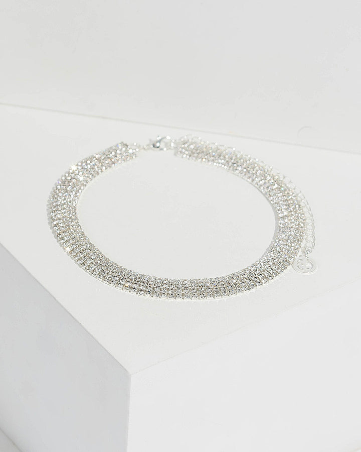 Silver Diamante Band Choker Necklace | Necklaces
